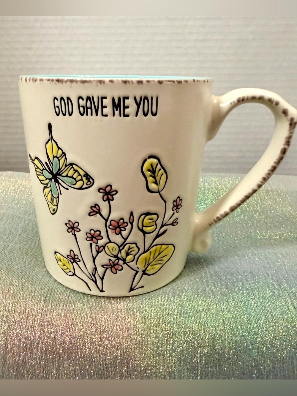 “God Gave Me You” Mug - Cream with Butterfly/Floral design 17 oz NEW